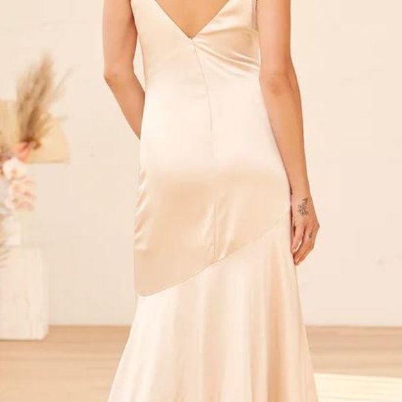 Moment in the Spotlight Champagne Satin Cowl Neck Maxi Dress [available in Sept] - Picture 4 of 4